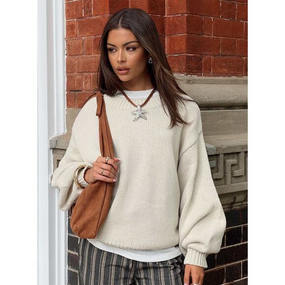 Princess Polly Harmony Balloon Sleeve Knit Sweater Beige Neutral Oversized S/M - Picture 1 of 11
